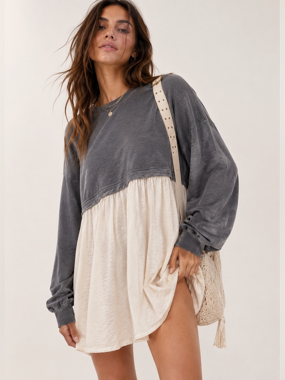 Gray Cream Colorblock Long Sleeve Shift Dress Size Small